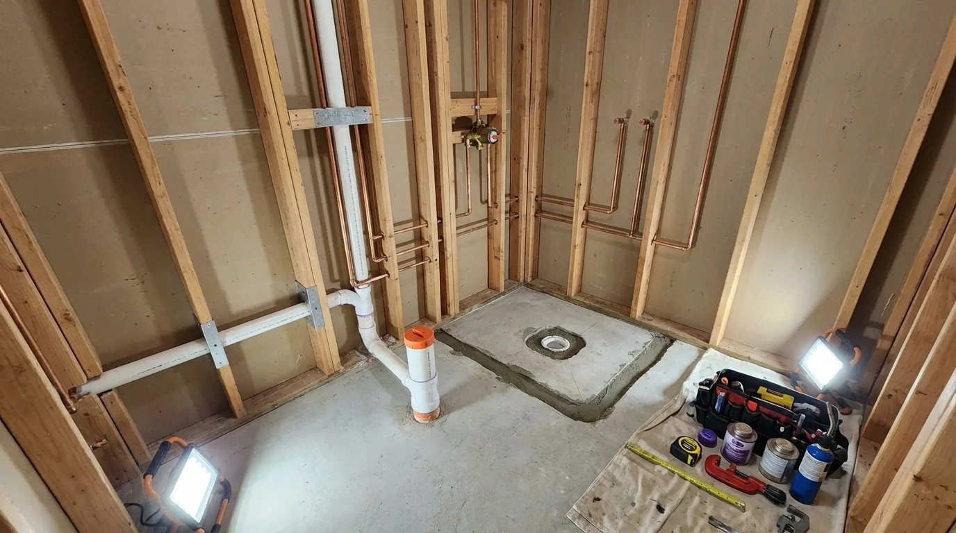 Bathroom rough-in plumbing during remodel by Johns Plumbing LLC in Grain Valley