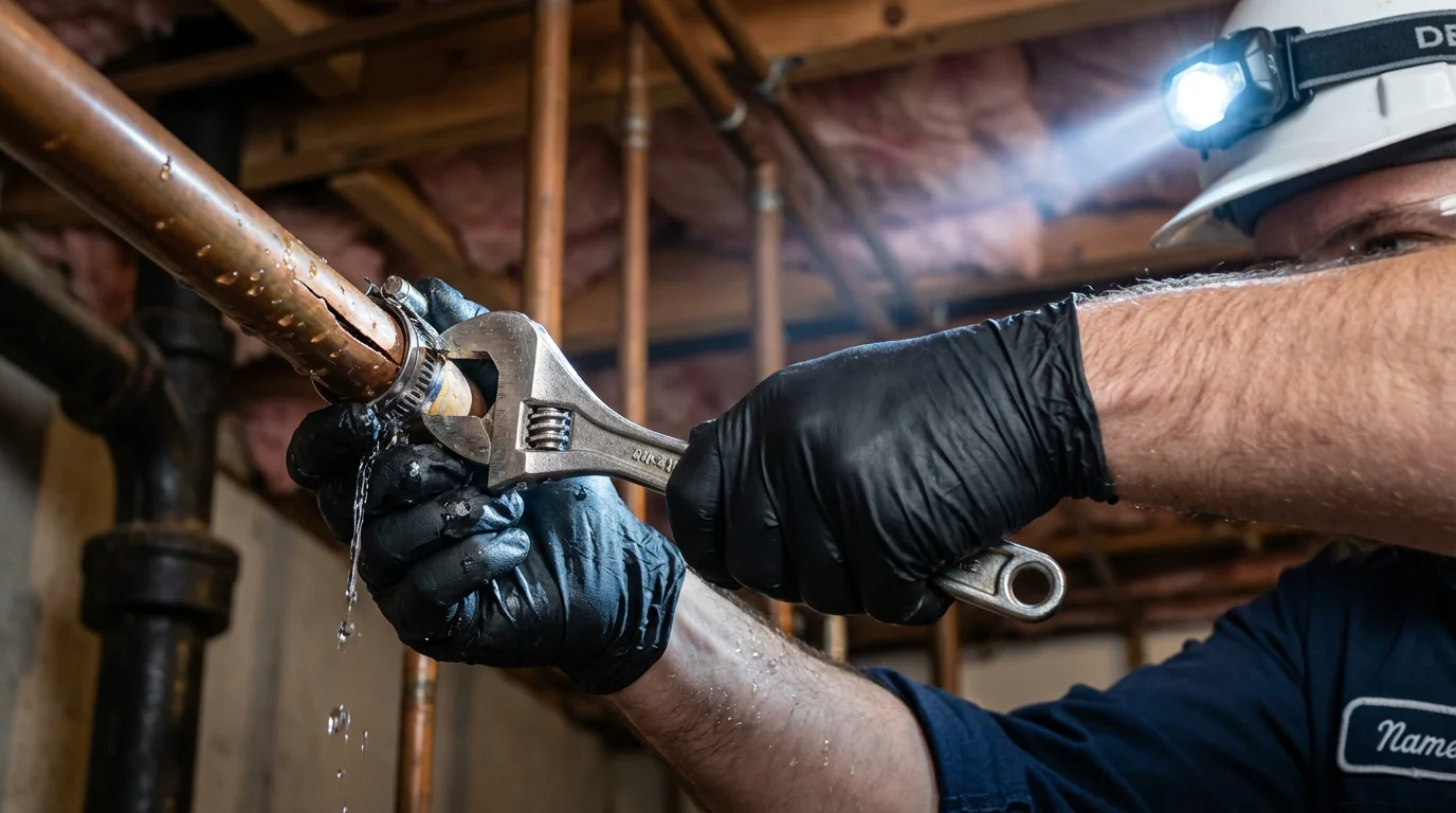Emergency pipe clamp repair being performed by a Johns Plumbing LLC plumber in Grain Valley