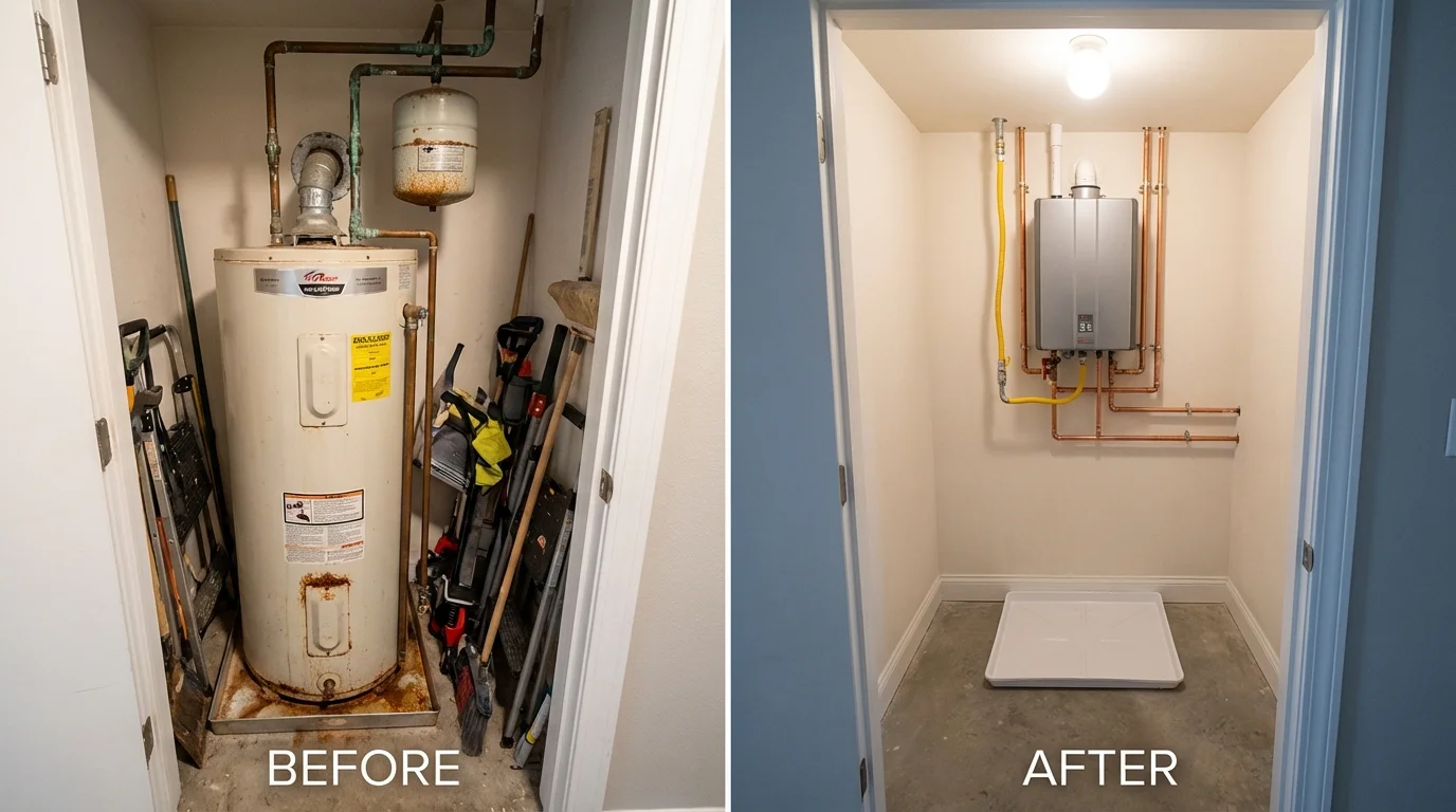 Tank water heater versus wall-mounted tankless unit comparison for Grain Valley, MO homeowners