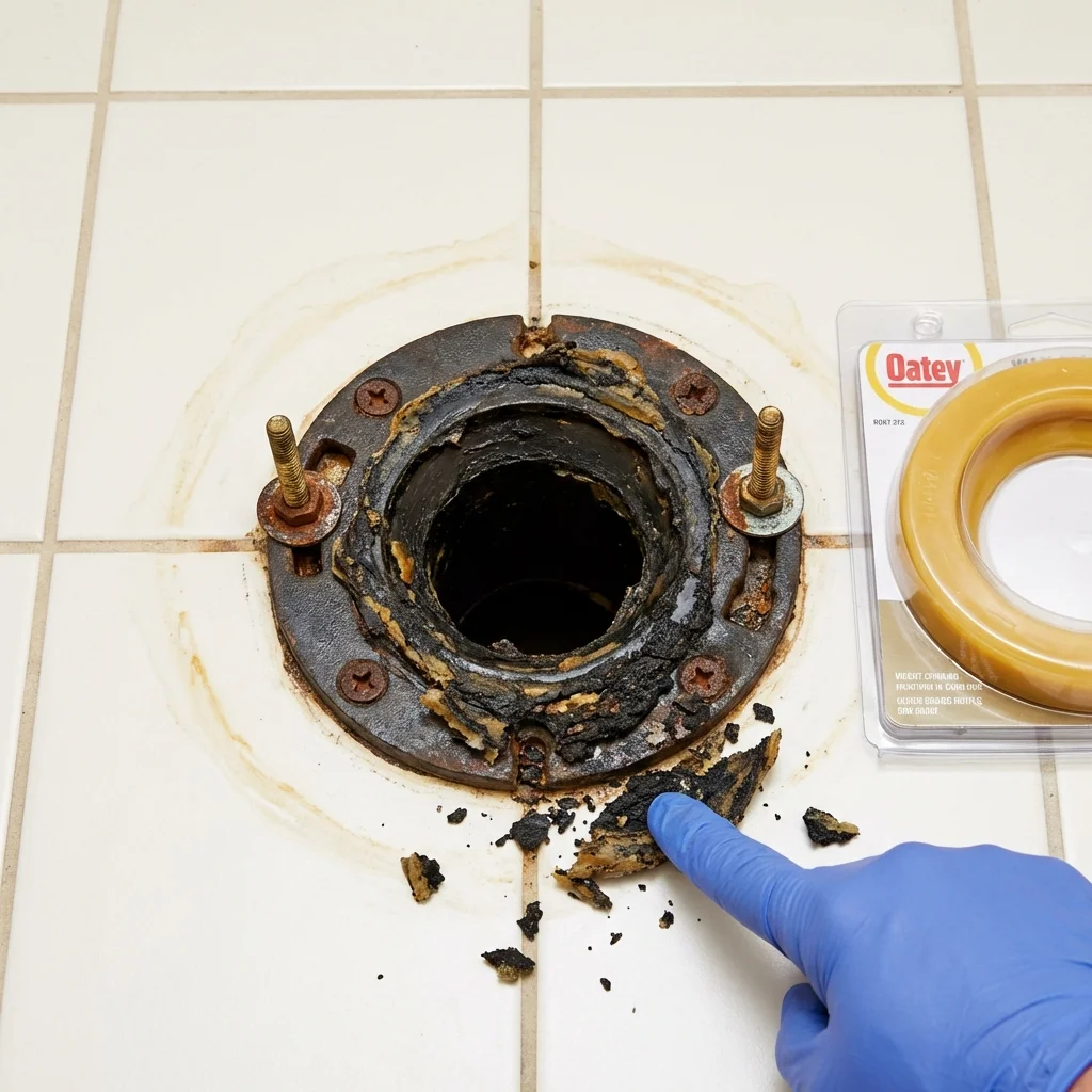 Failed wax ring showing water seepage at the base of a toilet in a Grain Valley, MO home