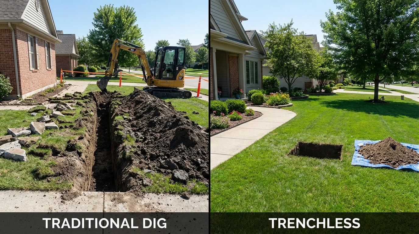 Trenchless sewer repair with minimal yard damage versus traditional excavation in Grain Valley, MO