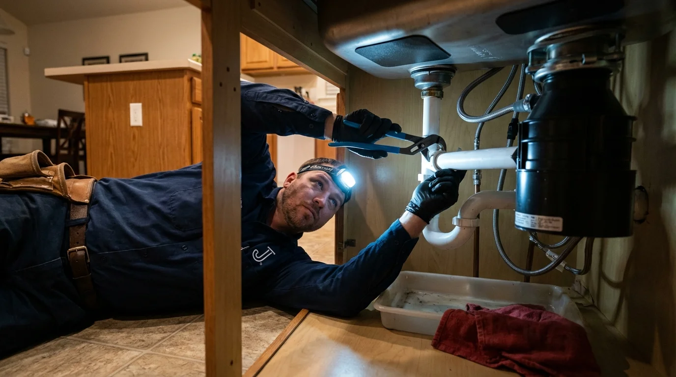 P-trap and supply line connections under a kitchen sink showing a common leak point in Grain Valley, MO